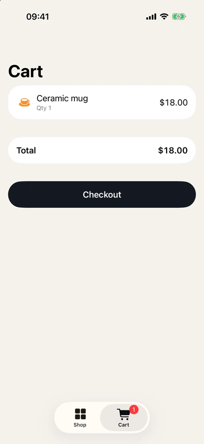 iPhone simulator showing the Shelf cart: Ceramic mug, total $18.00