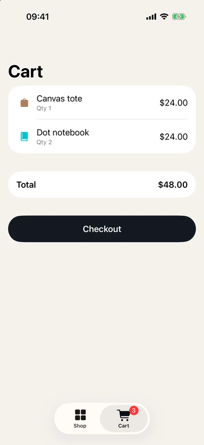 iPhone simulator showing the Shelf cart: Canvas tote and two Dot notebooks, total $48.00