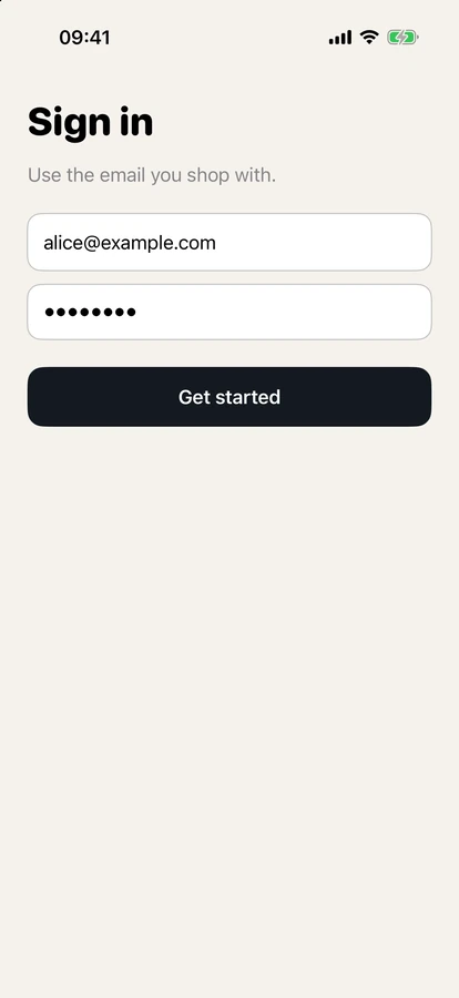 The held CI device on the Shelf sign-in screen, where the test failed: the button now reads Get started, not Continue