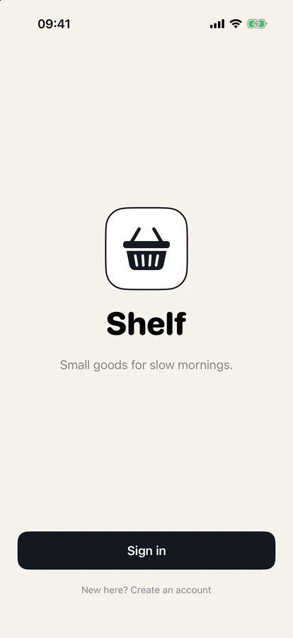 A real iPhone running Shelf, on its welcome screen with the Sign in button